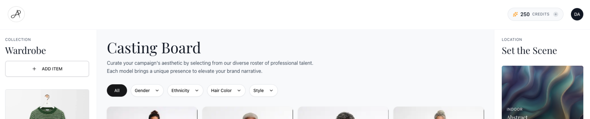 Atelier AI dashboard — upload product photos and generate professional fashion editorials with AI models