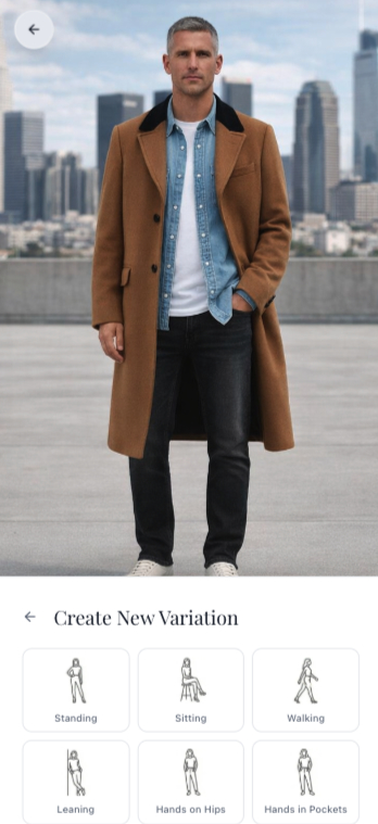 Adjust AI fashion photo: poses, camera angles and framing