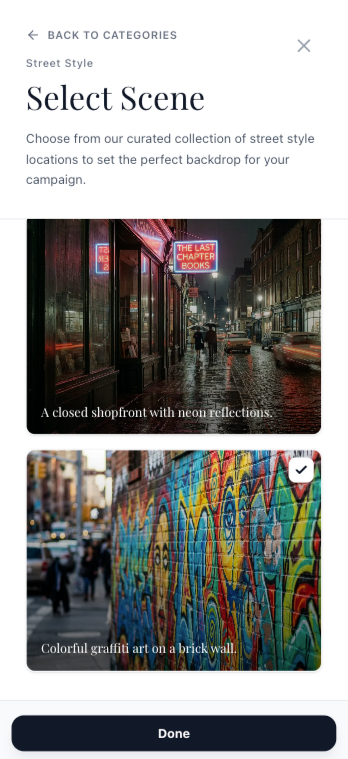 Select scene location for AI-generated fashion editorial